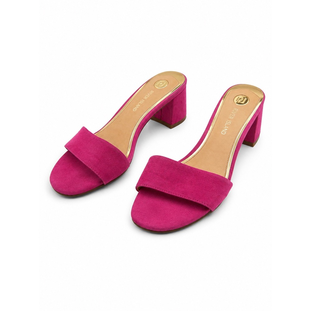 River Island Magenta Pink Suede Block Heel Mule Sandals Slip On Women's Size 6